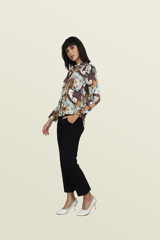 BROWN PRINTED HIGH-LOW SHIRT